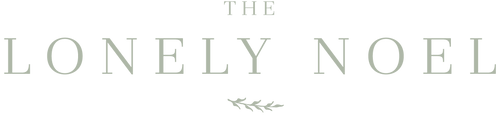The text 'THE LONELY NOEL' in a pale sage green serif typeface, with a small decorative leaf motif beneath 'NOEL', centered on a solid white background.